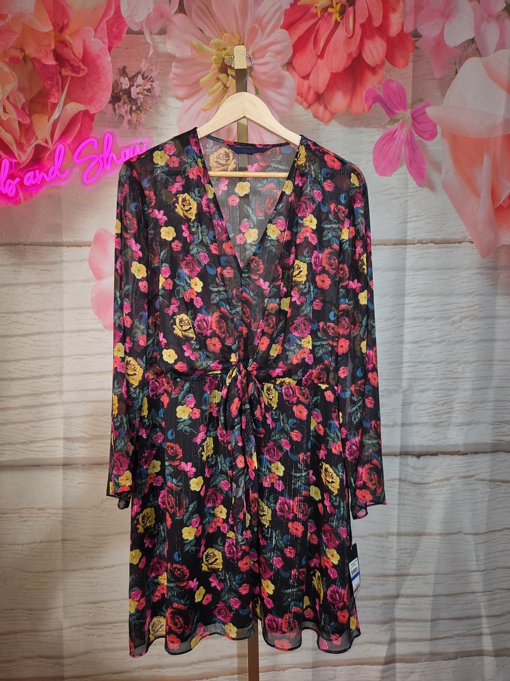 RACHEL Rachel Roy Black Floral Long-Sleeve Tie-Front Dress